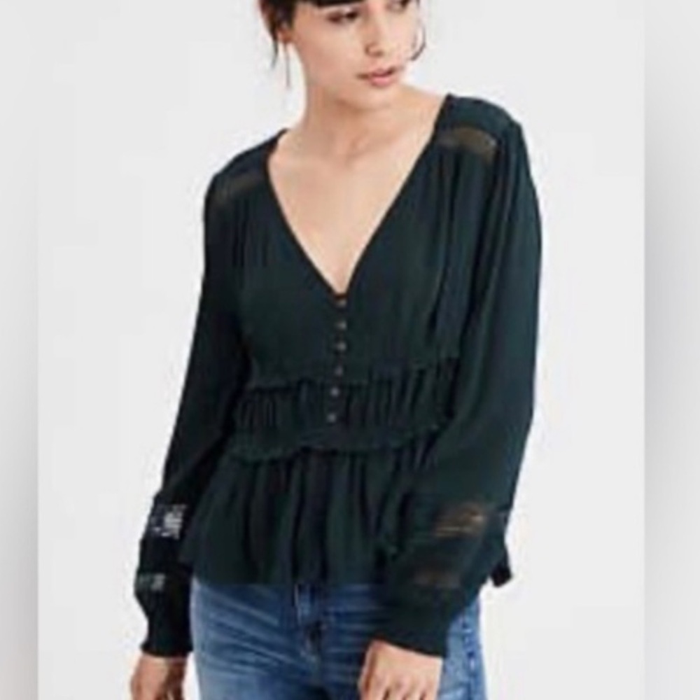 American Eagle Green Long Sleeve Lace Top M